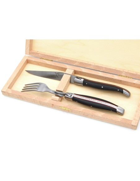 Set mit 1 Messer - 1 Gabel, Ebenholz & rot Vulkanfiber