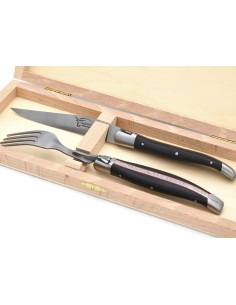 Coffret 1 couteau - 1 fourchette en ébène & intercalaire rouge