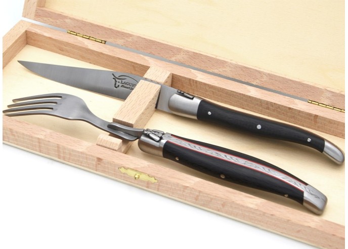 Set of 1 knife - 1 fork in ebony handle & red spacer, matt finish