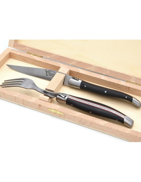 Set mit 1 Messer - 1 Gabel, Ebenholz & rot Vulkanfiber