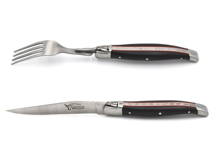 Set of 1 knife - 1 fork in ebony handle & red spacer, matt finish