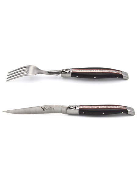 Set of 1 knife - 1 fork in ebony handle & red spacer, matt finish