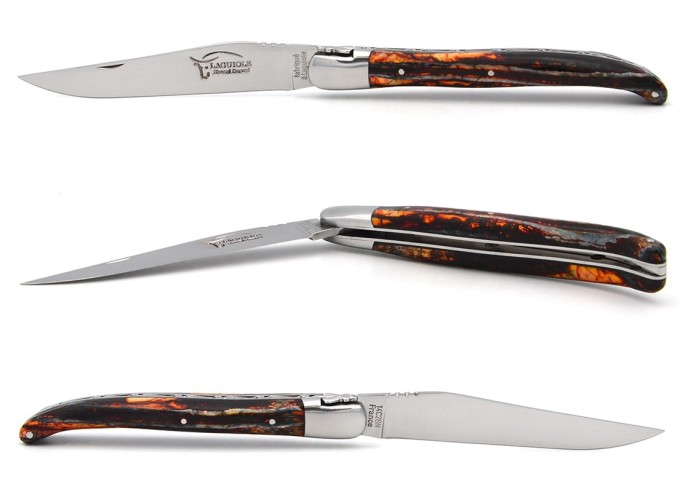 Laguiole pocket knife 13 cm, orange mammoth molar handle, forged bee