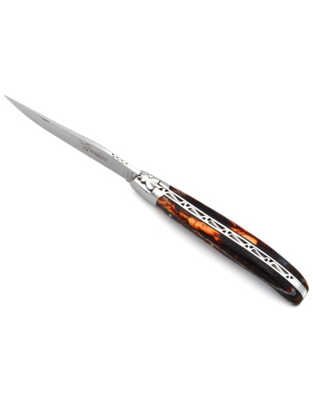 Laguiole pocket knife 13 cm, orange mammoth molar handle, forged bee