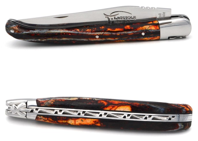 Laguiole pocket knife 13 cm, orange mammoth molar handle, forged bee