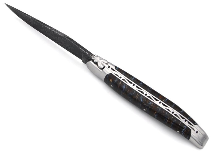 Laguiole pliant 12 cm, lame damas, manche en molaire de mammouth marron