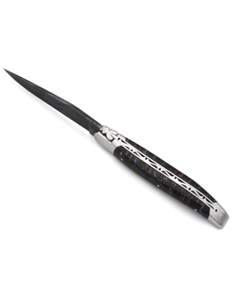 Laguiole pliant 12 cm, lame damas, manche en molaire de mammouth marron