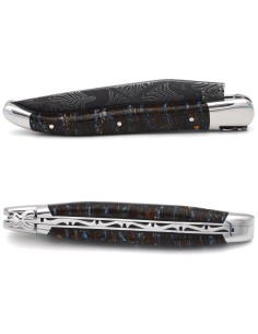 Laguiole pliant 12 cm, lame damas, manche en molaire de mammouth marron