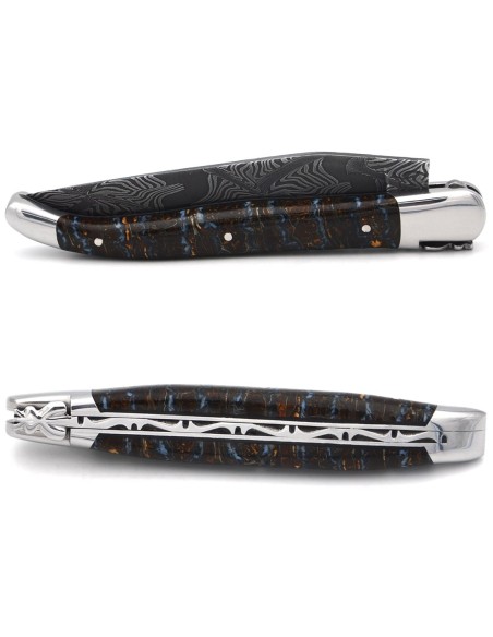 Laguiole knife 12 cm, damascus steel blade, brown mammoth molar handle