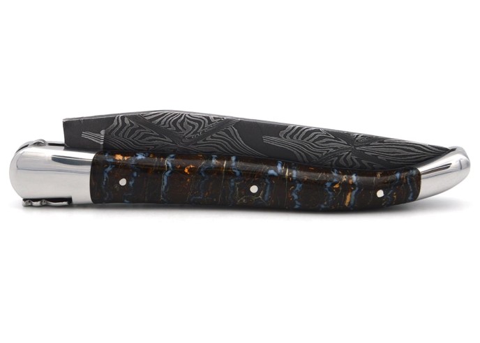 Laguiole knife 12 cm, damascus steel blade, brown mammoth molar handle