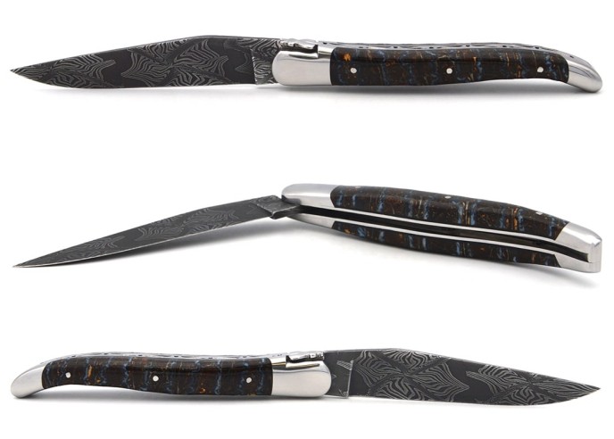 Laguiole pliant 12 cm, lame damas, manche en molaire de mammouth marron