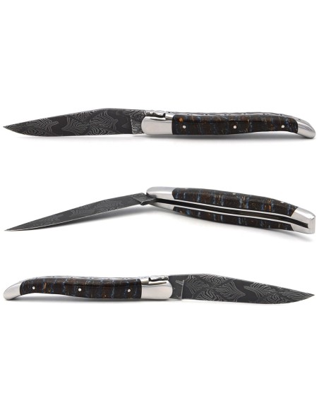 Laguiole pliant 12 cm, lame damas, manche en molaire de mammouth marron