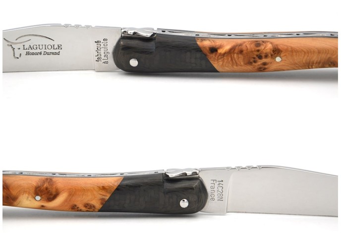 Laguiole 12 cm, fausse mitre en fibre de carbone, manche en genévrier