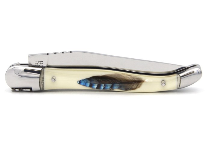 Laguiole pocket knife, 12 cm, acrylic handle with Jay's feather with shiny bolsters