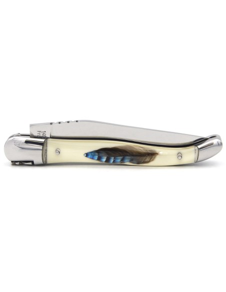 Laguiole pocket knife, 12 cm, acrylic handle with Jay's feather with shiny bolsters