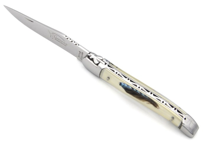 Laguiole pocket knife, 12 cm, acrylic handle with Jay's feather with shiny bolsters