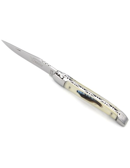 Laguiole pliant 12cm, manche acrylique, plume de geai, inox brillant