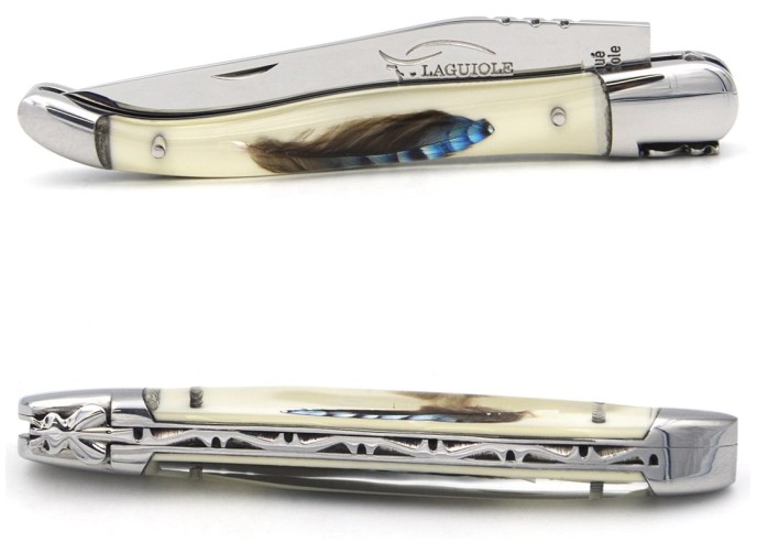 Laguiole 12cm, acryl griff mit jays feder