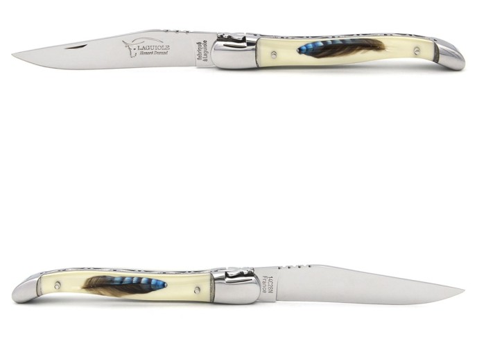 Laguiole pocket knife, 12 cm, acrylic handle with Jay's feather with shiny bolsters