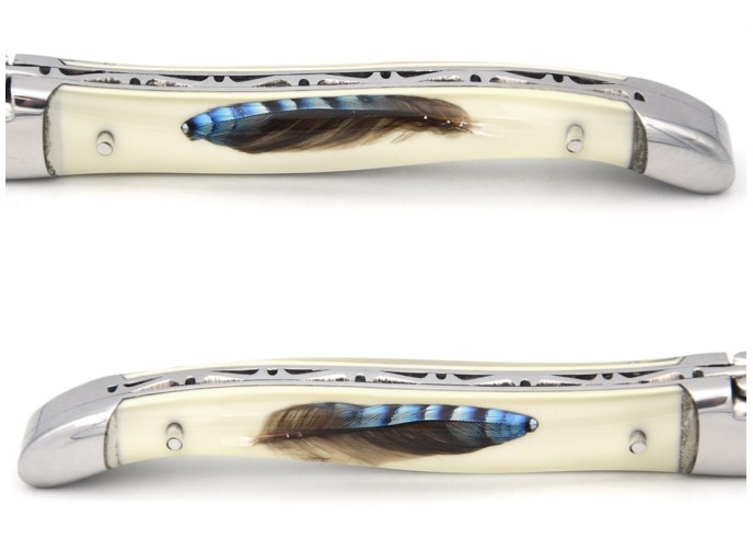 Laguiole 12cm, acryl griff mit jays feder