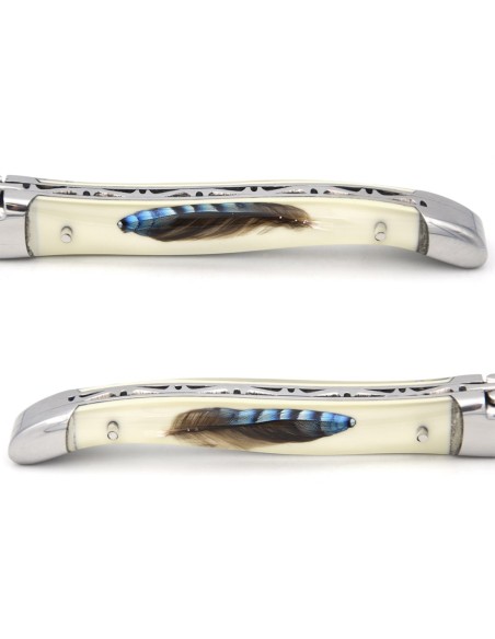 Laguiole pliant 12cm, manche acrylique, plume de geai, inox brillant