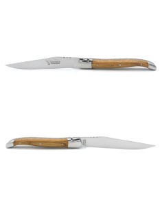 Laguiole steak knives with shiny stainless steel bolsters. Wide barrel oak handles 2
