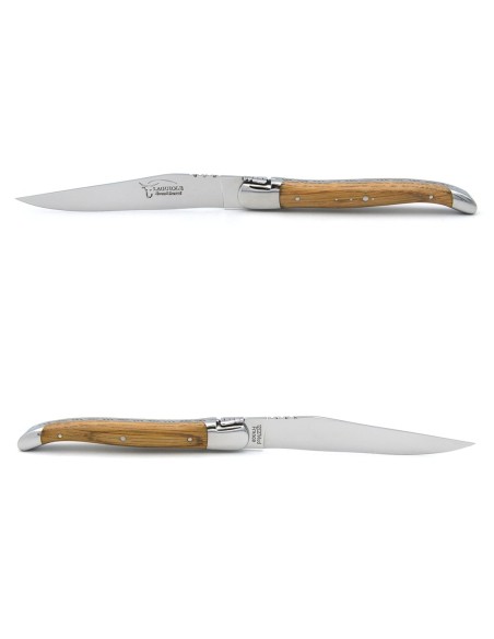 Coffret de couteaux de table de Laguiole, manche galbé en chêne de barrique avec mitres inox brillant