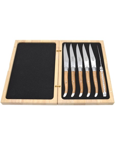 Coffret de couteaux de table de Laguiole, manche galbé en chêne de barrique avec mitres inox brillant