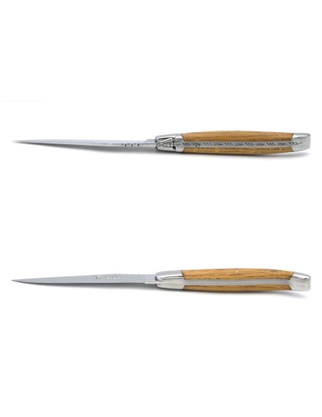 Coffret de couteaux de table de Laguiole, manche galbé en chêne de barrique avec mitres inox brillant