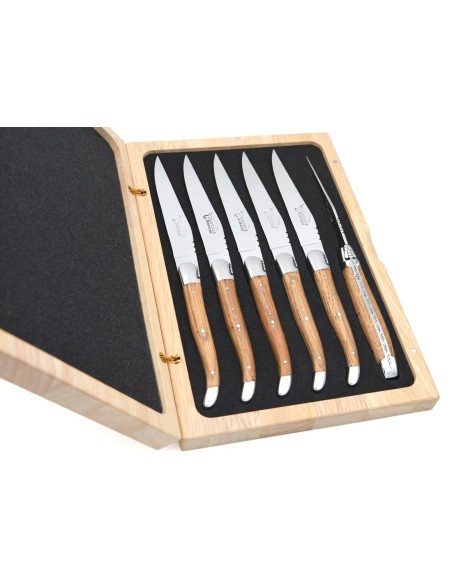 Coffret de couteaux de table de Laguiole, manche galbé en chêne de barrique avec mitres inox brillant