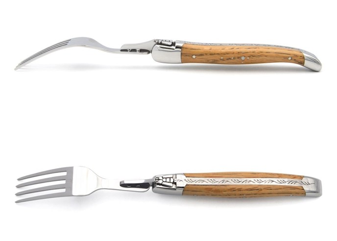 Laguiole forks,  wide barrel oak handles with shiny stainless steel bolsters