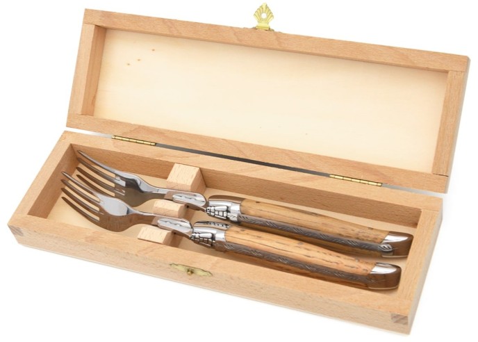 Laguiole forks,  wide barrel oak handles with shiny stainless steel bolsters