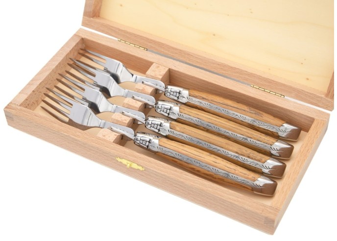 Laguiole forks,  wide barrel oak handles with shiny stainless steel bolsters