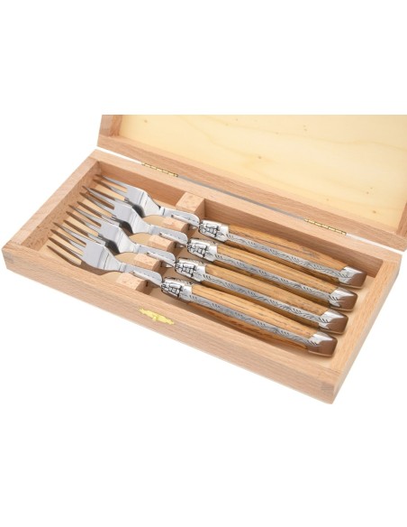 Coffret de fourchettes de table Laguiole, manche galbé en chêne de barrique, finition inox brillant