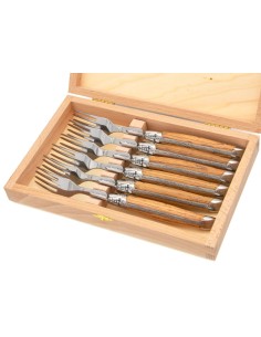 Laguiole forks,  wide barrel oak handles with shiny stainless steel bolsters