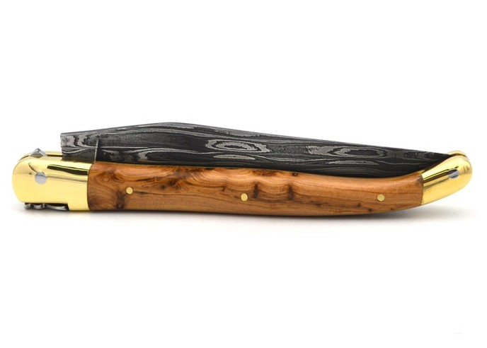 Laguiole 13cm, Damast Klinge, Heftbacken aus Messing, Wacholderholz