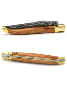 Laguiole pliant, 13 cm, lame acier Damas, manche en genévrier cade