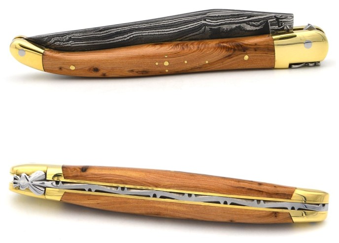 Laguiole pocket knife, 13 cm, forged bee, Damascus steel blade, juniper handle with brass bolsters