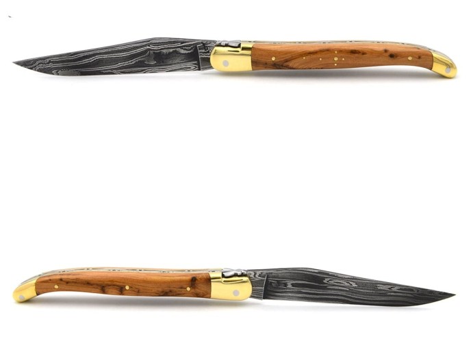 Laguiole pocket knife, 13 cm, forged bee, Damascus steel blade, juniper handle with brass bolsters