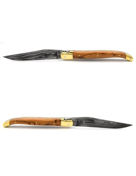 Laguiole pocket knife, 13 cm, forged bee, Damascus steel blade, juniper handle with brass bolsters