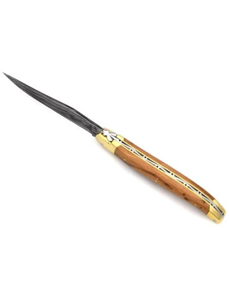 Laguiole pocket knife, 13 cm, forged bee, Damascus steel blade, juniper handle with brass bolsters