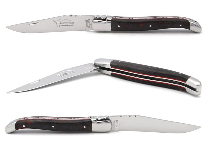 Laguiole pocket knife, red carbon fiber handle & red spacer, 12 cm