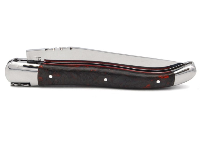 Laguiole pocket knife, red carbon fiber handle & red spacer, 12 cm