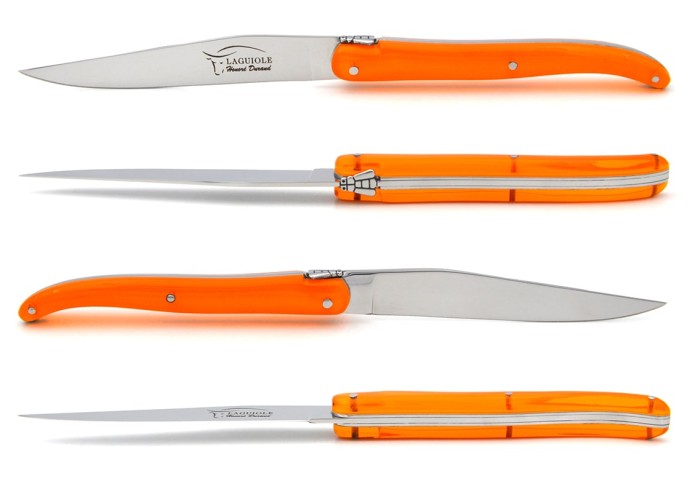 Laguiole steak knives. acrylic handles with shiny stainless steel bolsters.