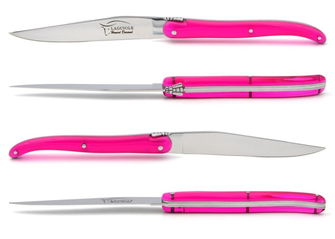 Laguiole steak knives. acrylic handles with shiny stainless steel bolsters.
