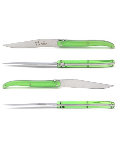 Laguiole steak knives. acrylic handles with shiny stainless steel bolsters.