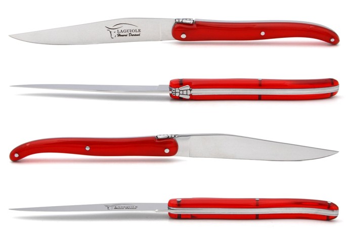 Laguiole steak knives. acrylic handles with shiny stainless steel bolsters.