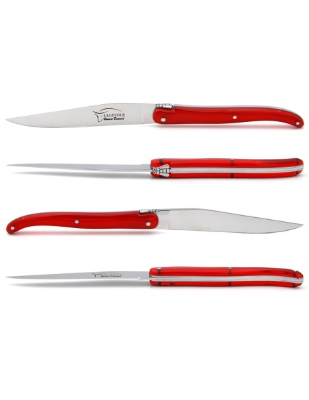 Laguiole steak knives. acrylic handles with shiny stainless steel bolsters.