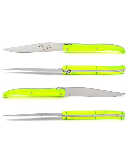 Laguiole steak knives. acrylic handles with shiny stainless steel bolsters.