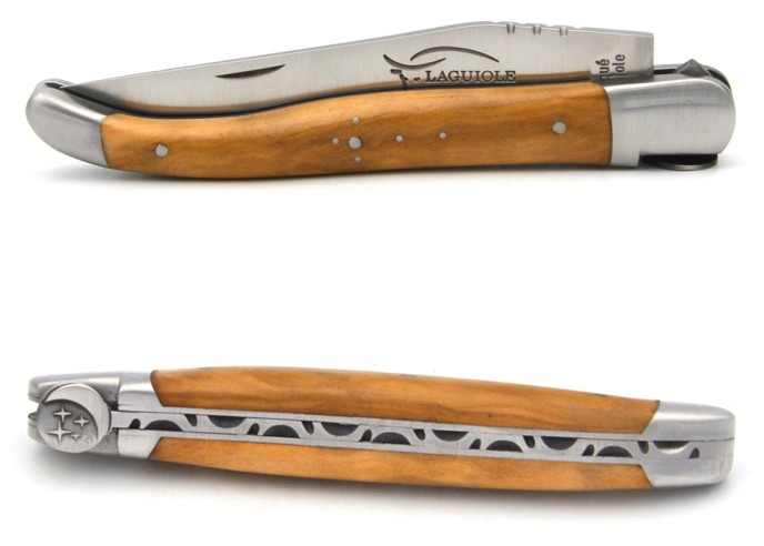 Laguiole Klappmesser, 12cm, Mond und Sterne, Griff aus Olivenholz